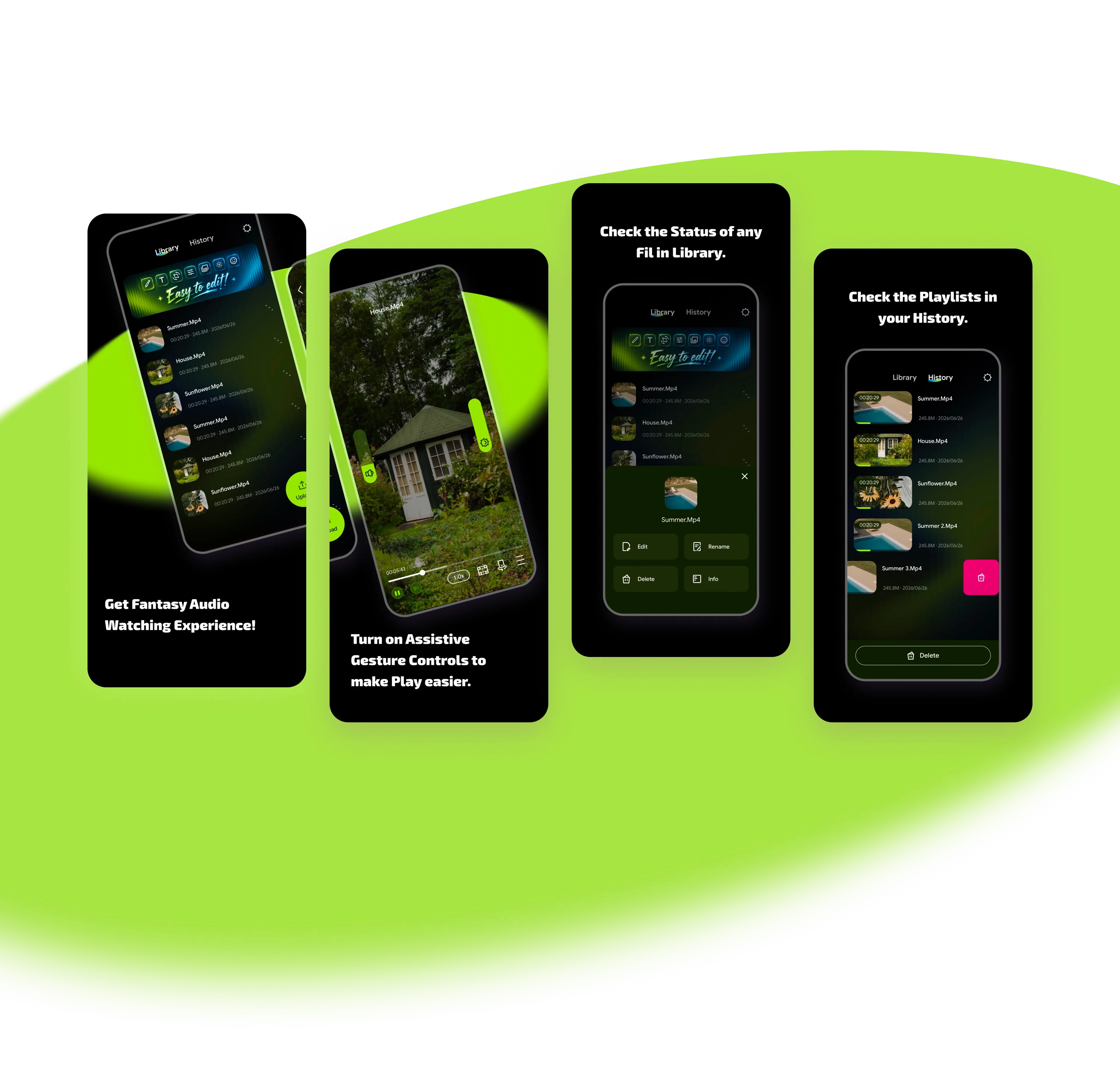 Fantasvid local video library, gesture controls, file status, and playback history